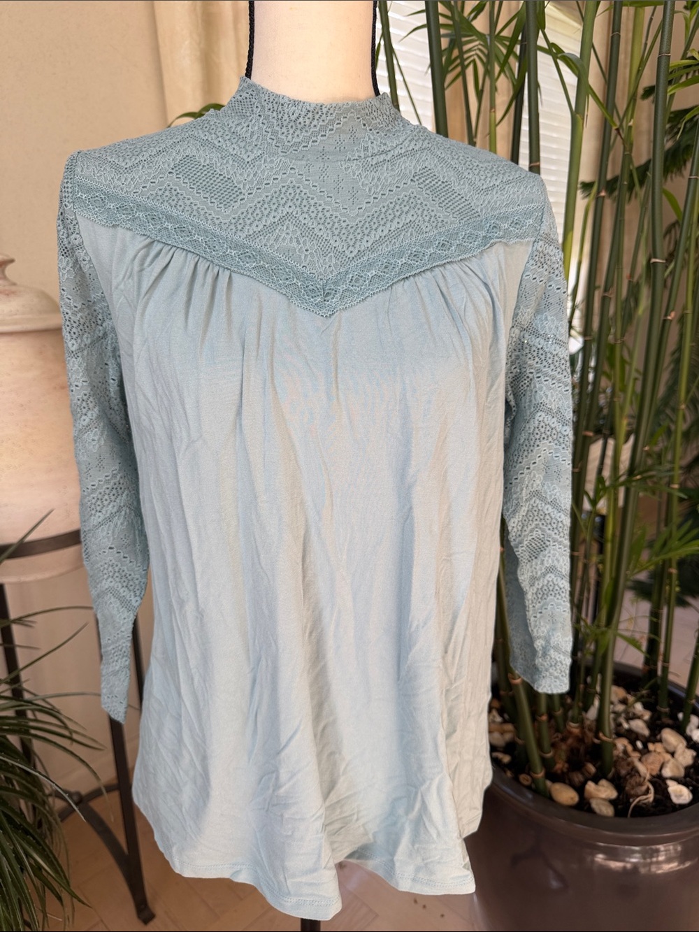 LOGO by Lori Goldstein Light Blue Lace Yoke Long-Sleeve Top